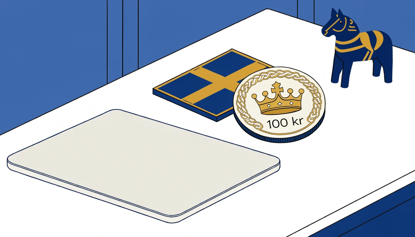 Stiliserad svensk kronmynt med 100 kr vid en laptop