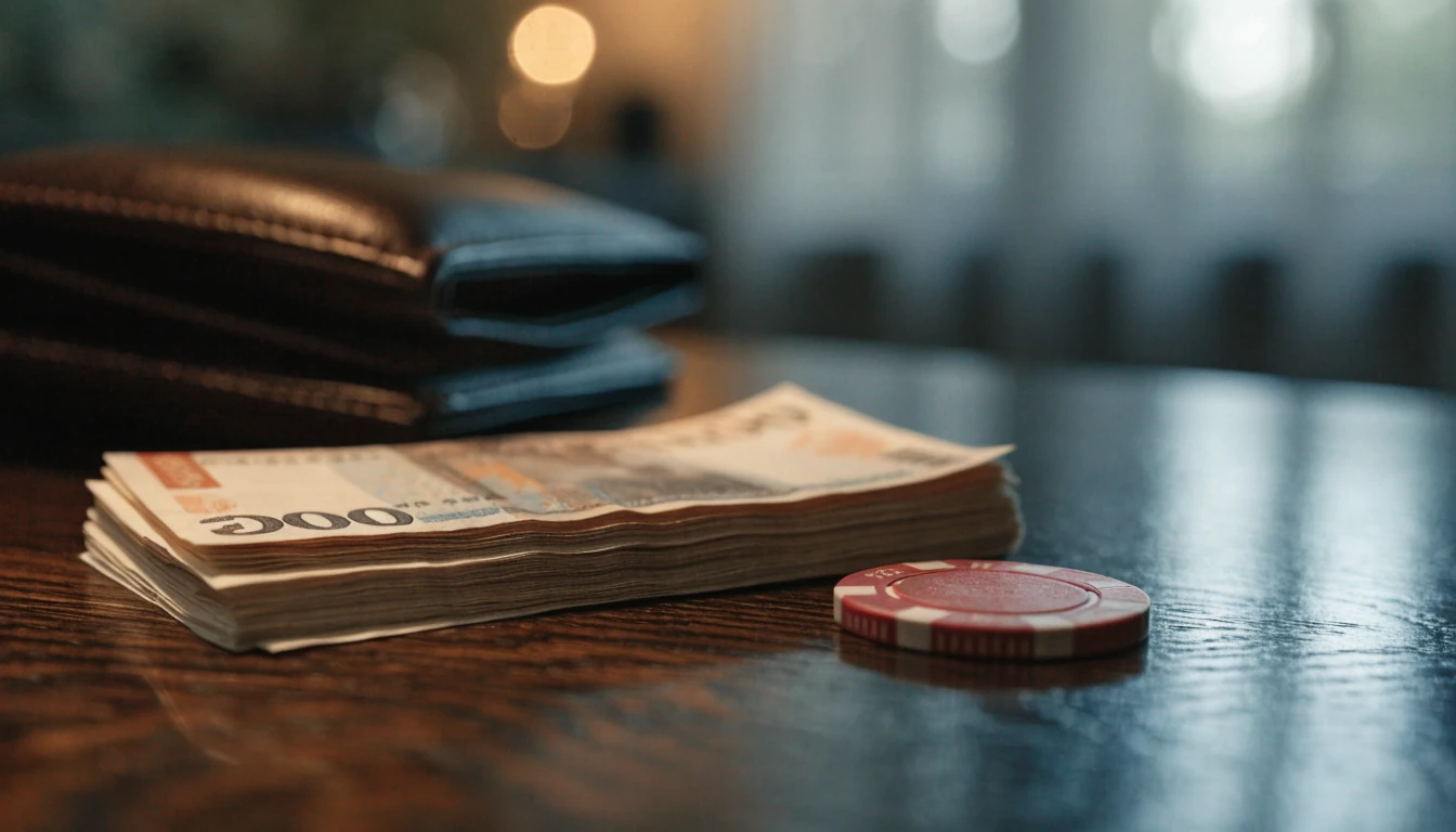 Svensk 200-kronorssedel med casinospelmarker på ett mörkt bord