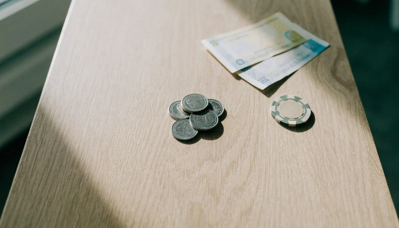 Minimalistisk vy med euromynt, svenska kronor och en casinofig på ljust skandinaviskt bord