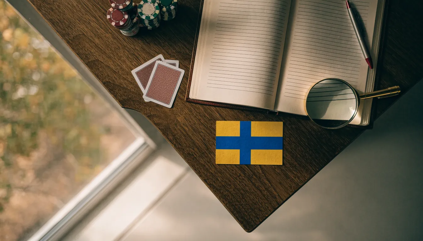 Skrivbord med casinofigurer, anteckningsbok, förstoringsglas och en svensk flagga