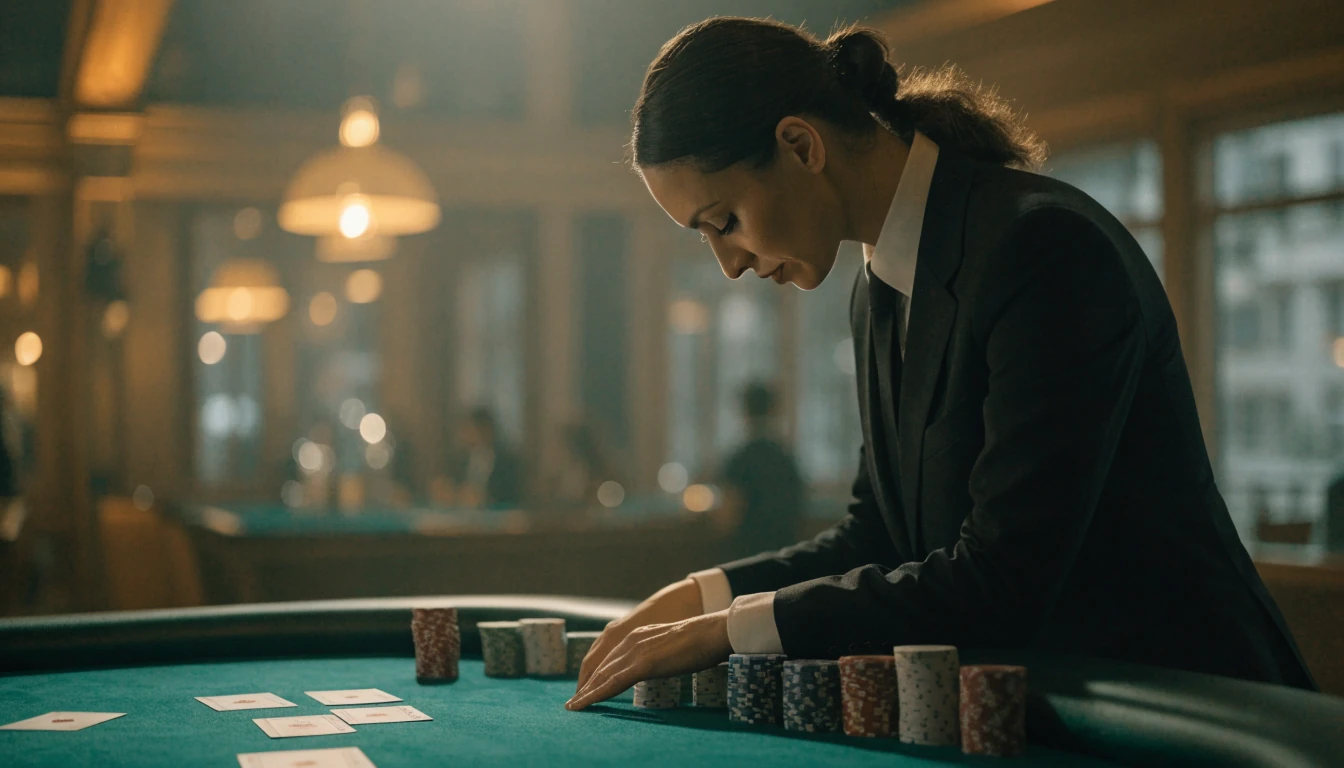 Live dealer vid ett blackjackbord med marker och kort
