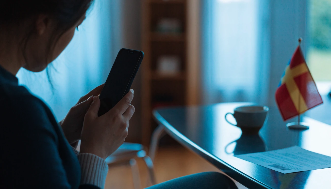 Person vid skrivbord med telefon, svensk flagga och licensdokument