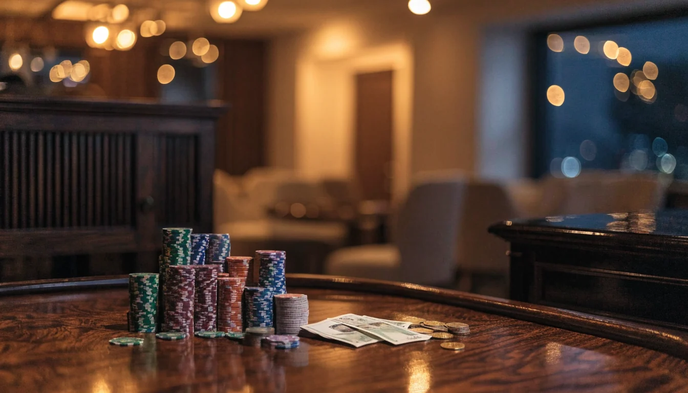 Elegant svenskt casinolounge med marker och kronor på ett mörkt träbord i varm belysning