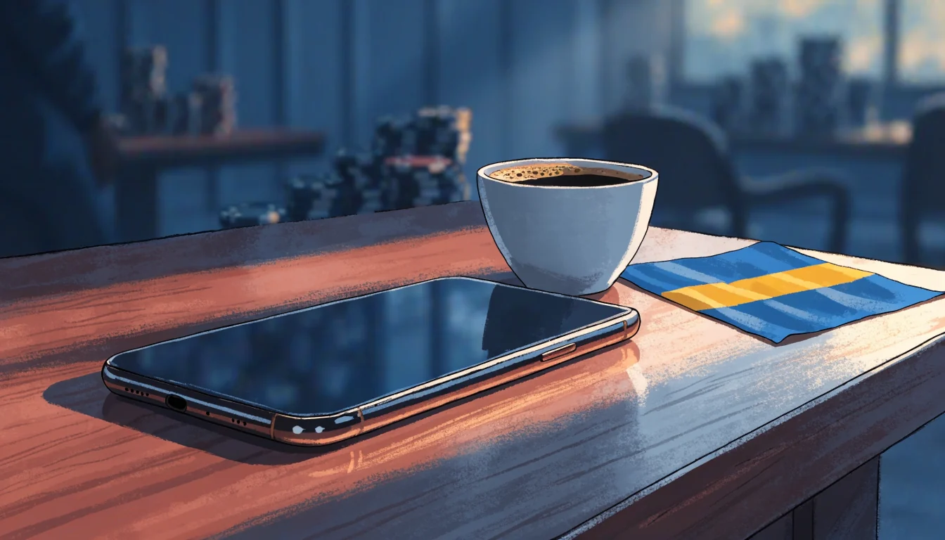 Smartphone med svensk flagga och casinokoner, nordisk atmosfär