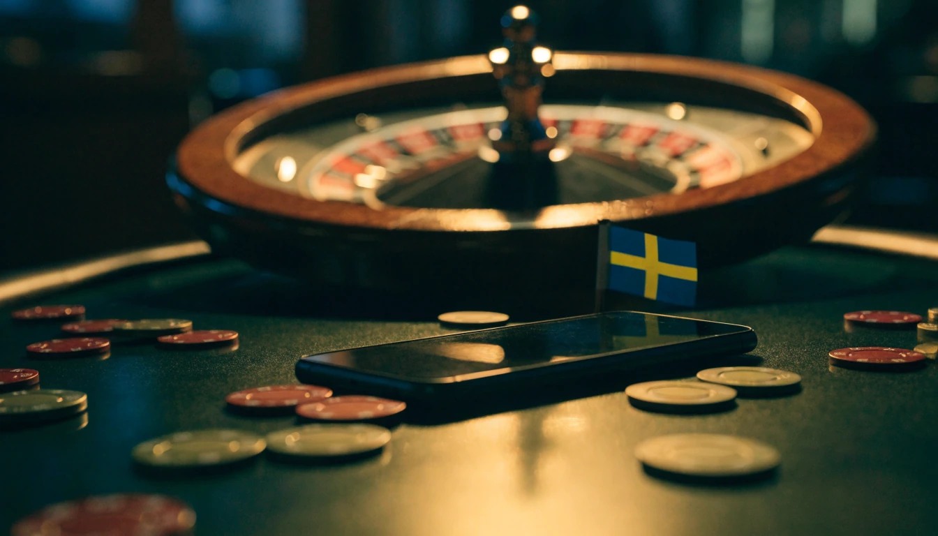 Mobil med casinomarker och roulettehjul på bord, svensk flagga
