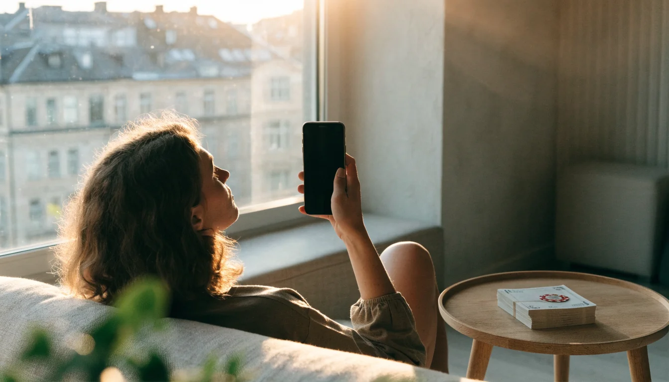 Person i modern svensk lägenhet som håller i en smartphone med casinokraschan på bordet