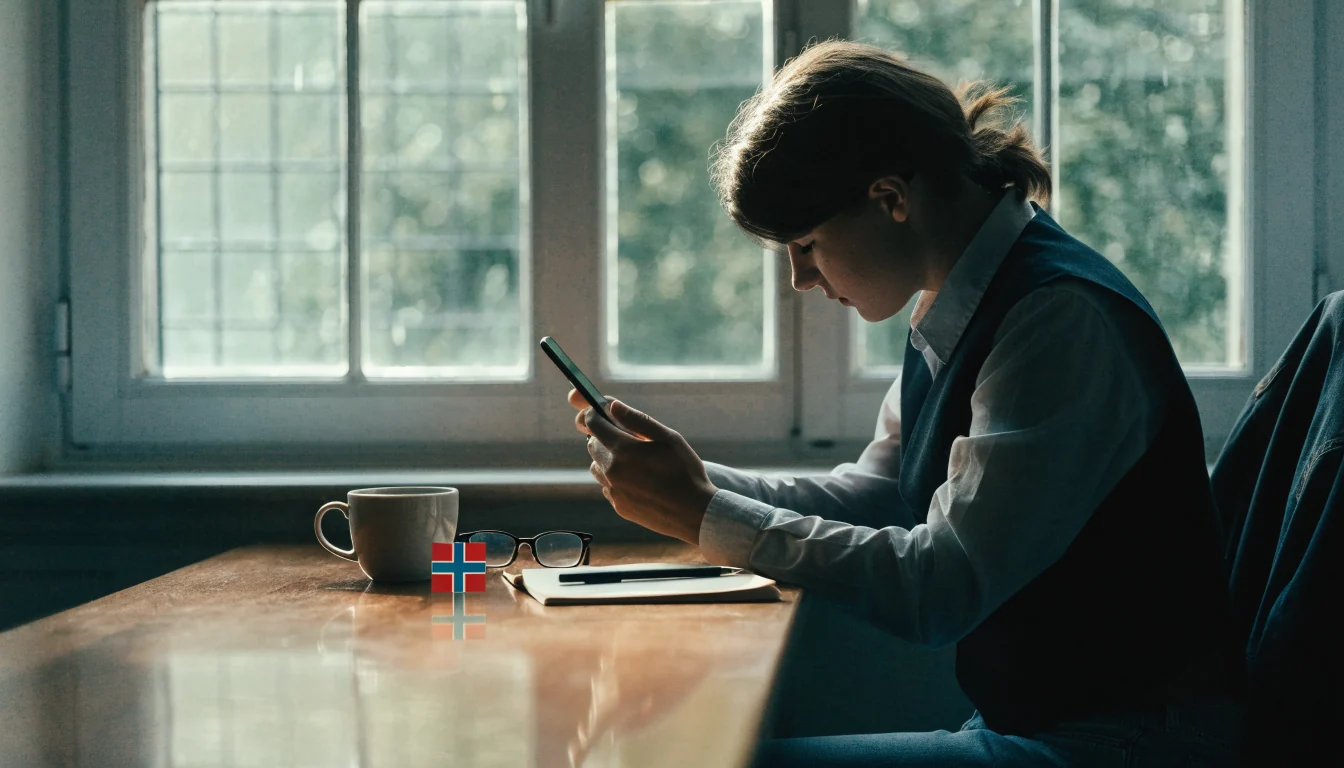 Svensk person vid skrivbordet med telefon, kaffekopp och anteckningsbok