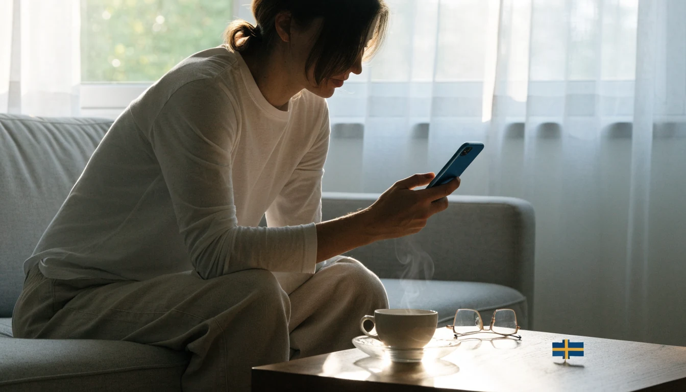 Person i ljus svensk vardagsrum med mobiltelefon och kaffe