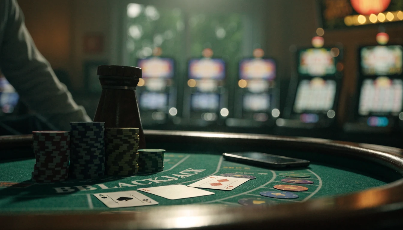Blackjack-bord med marker och kort på ett onlinecasino