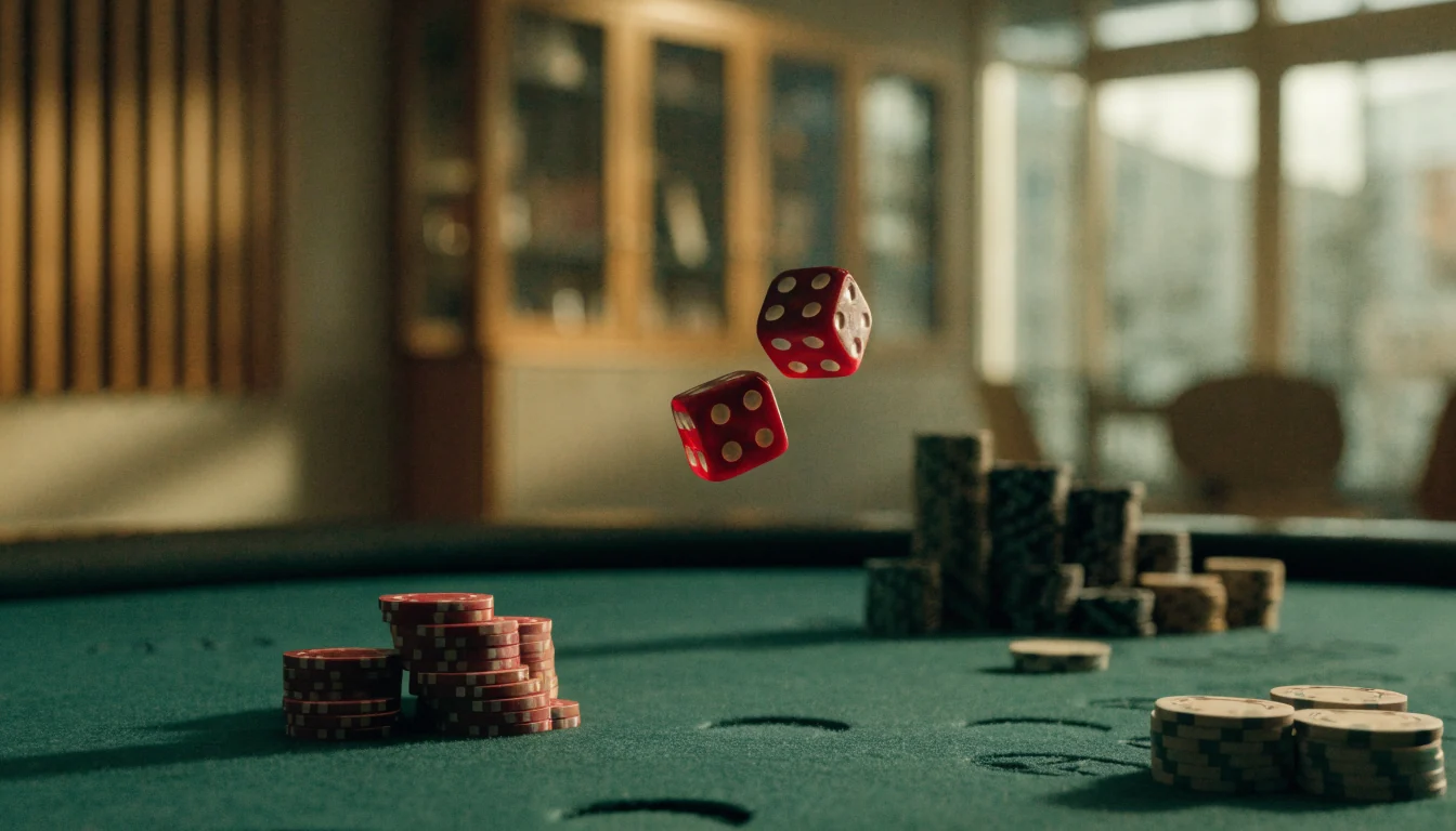 Tärningar och casinofisker på ett grönt craps-bord i en svensk casinomiljö