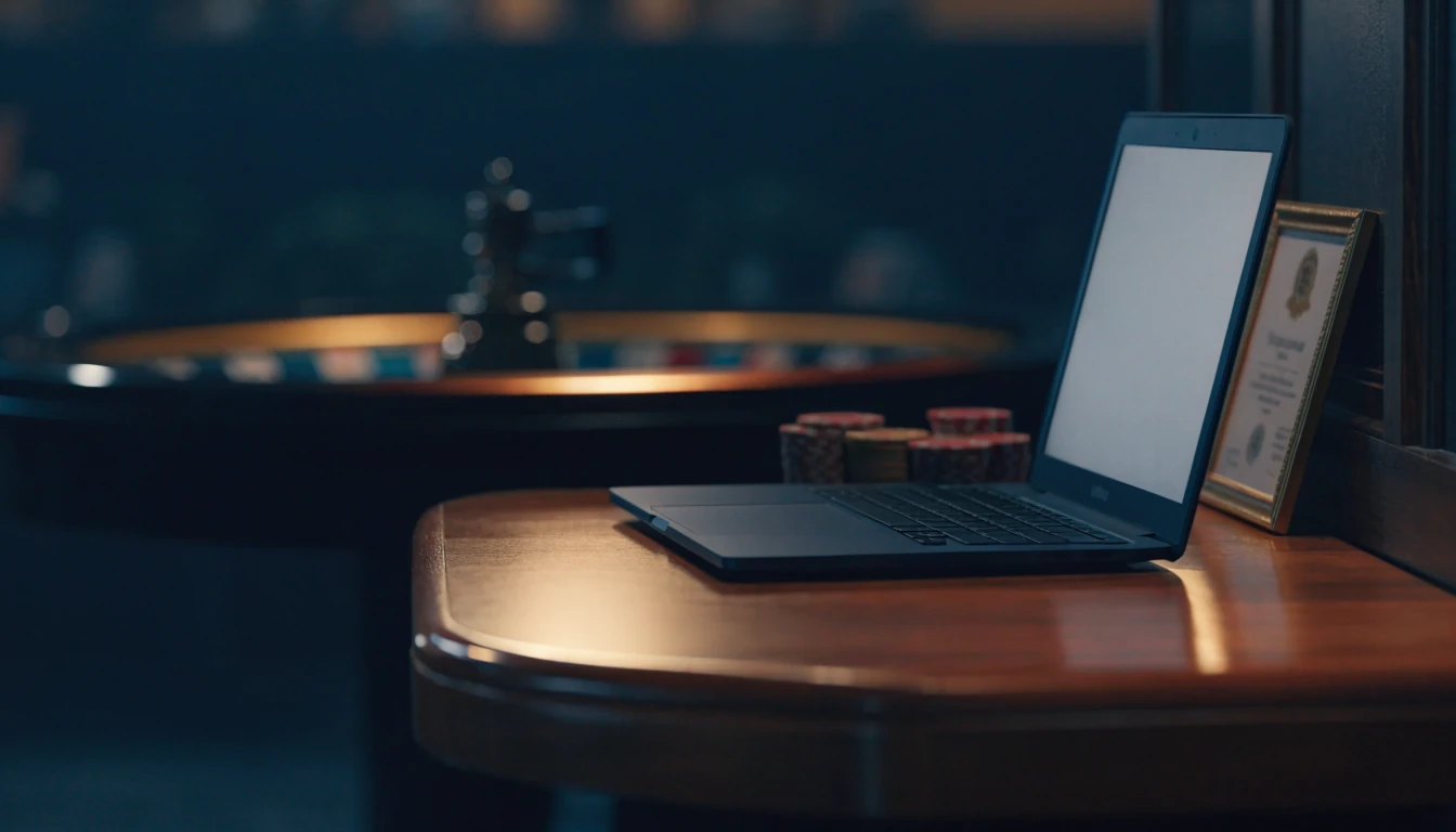 Modernt skrivbord med bärbar dator, casinomarker och ett licenscertifikat