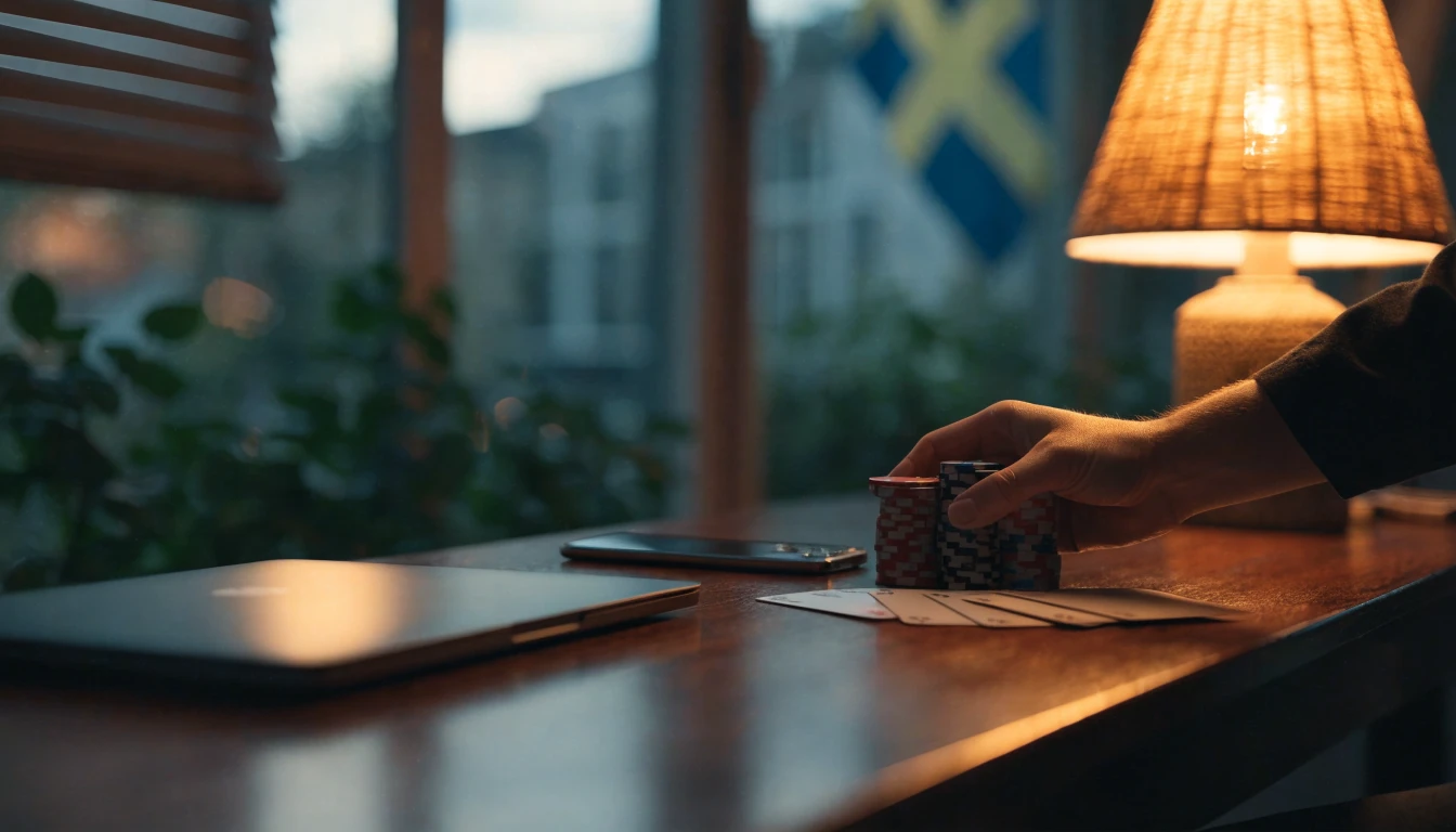 Casinomiljö med marker, kort och stängd laptop vid bord