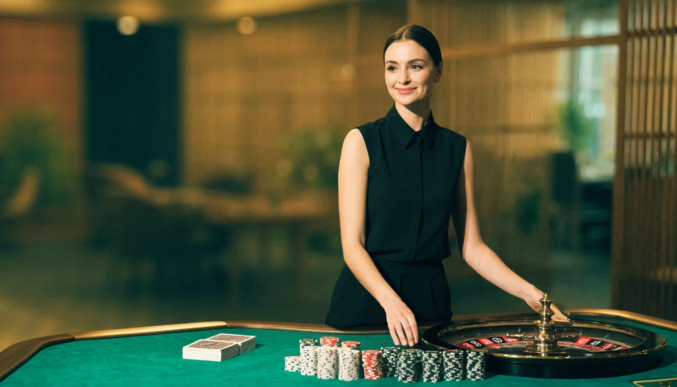 Professionell live dealer vid casinobord i studio