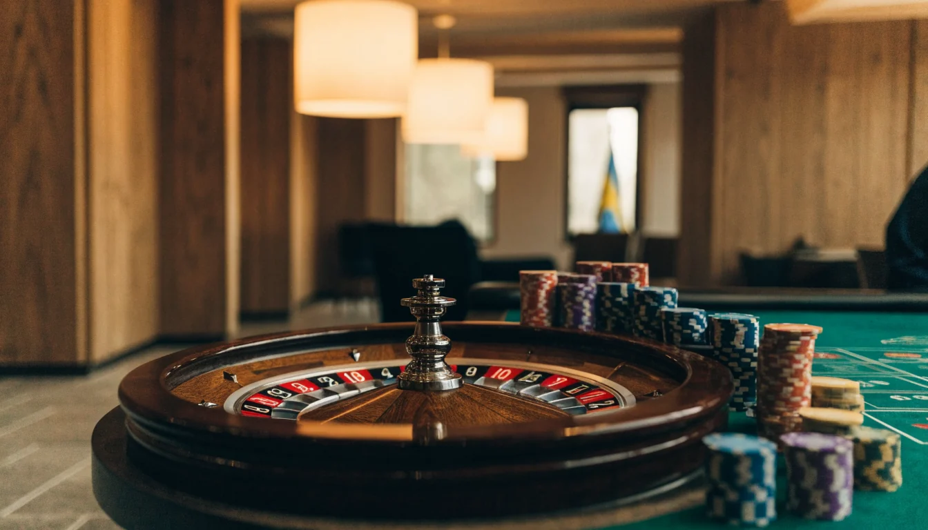 Elegant roulettebord i en skandinavisk casinohall med trähjul och marker