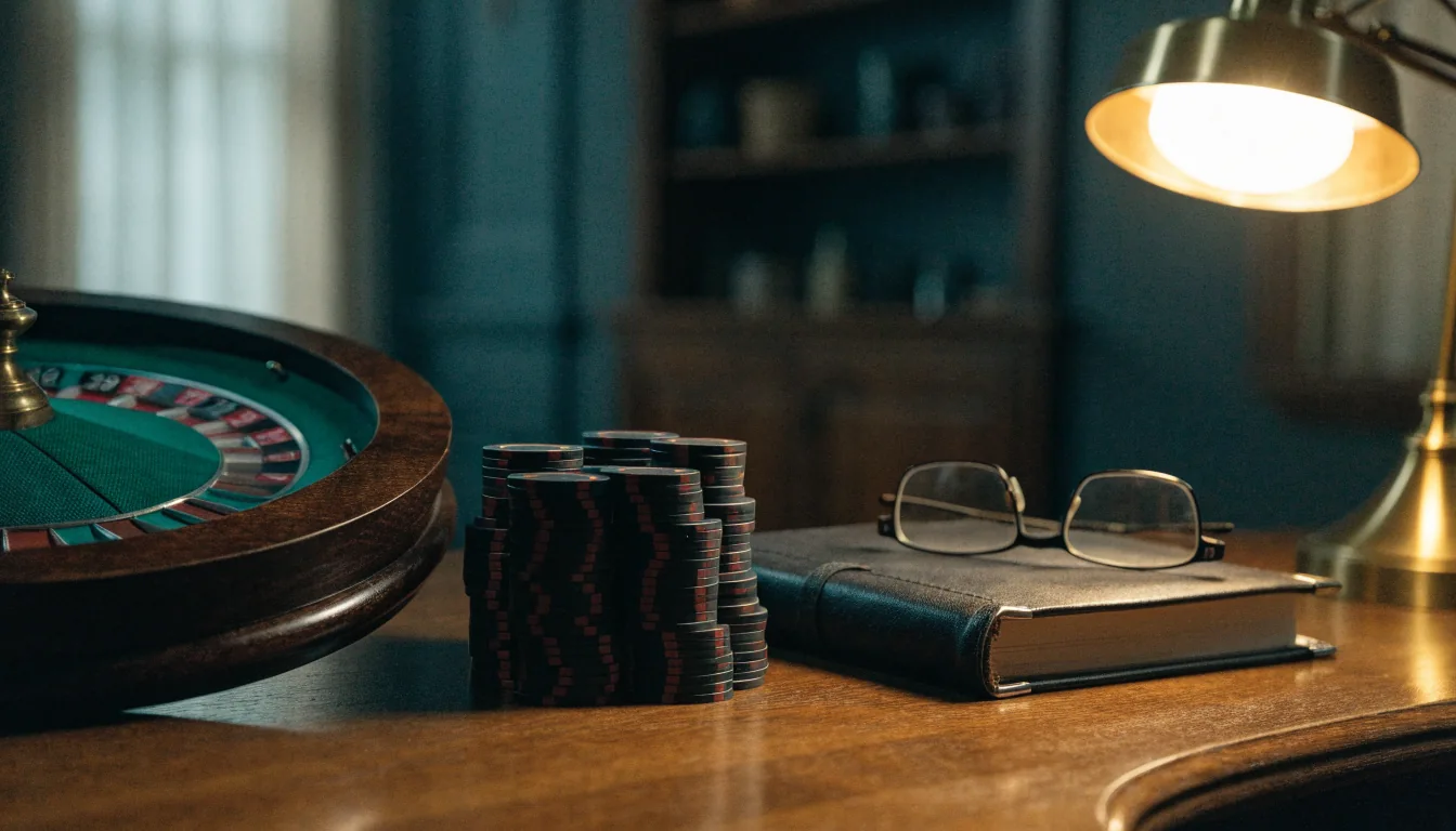 Roulette, casinofickor och anteckningsbok i avslappnad svensk loungestil