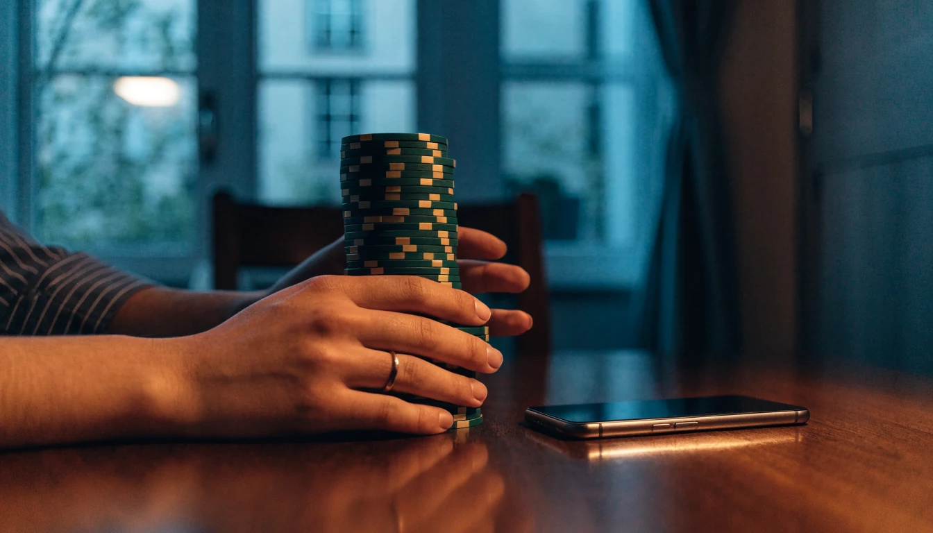 Händer placerar casinofickor bredvid en stängd telefon i ett svenskt hem