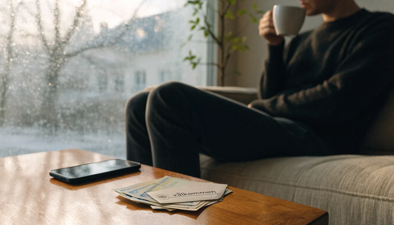 Svensk vardagsscen med kaffe, kronor och välkomstkuvert vid soffa