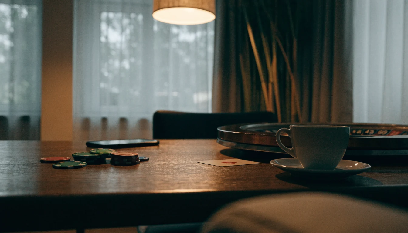 Skandinavisk inredning med casinoföremål på bord och telefon med skärmen nedåt