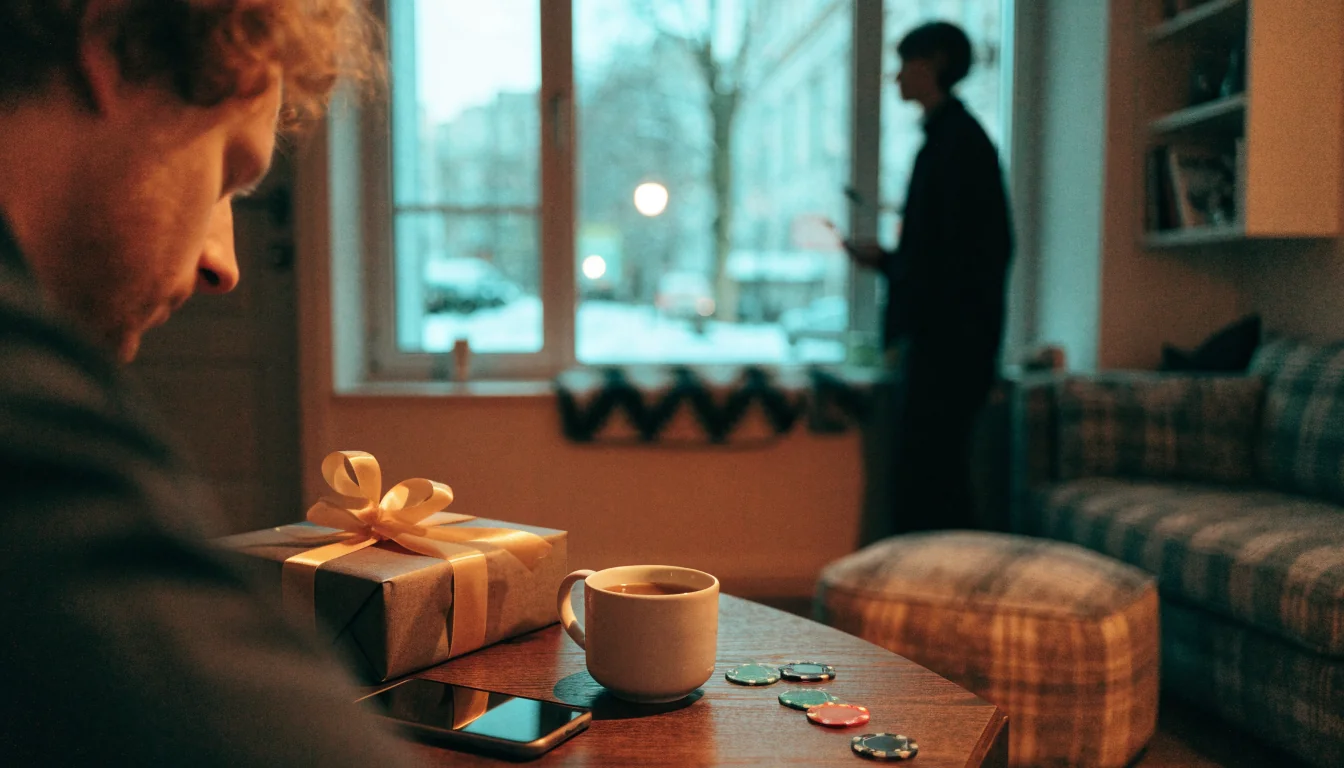 Presentask, casinochips och en smartphone på ett svenskt vardagsrumsbord