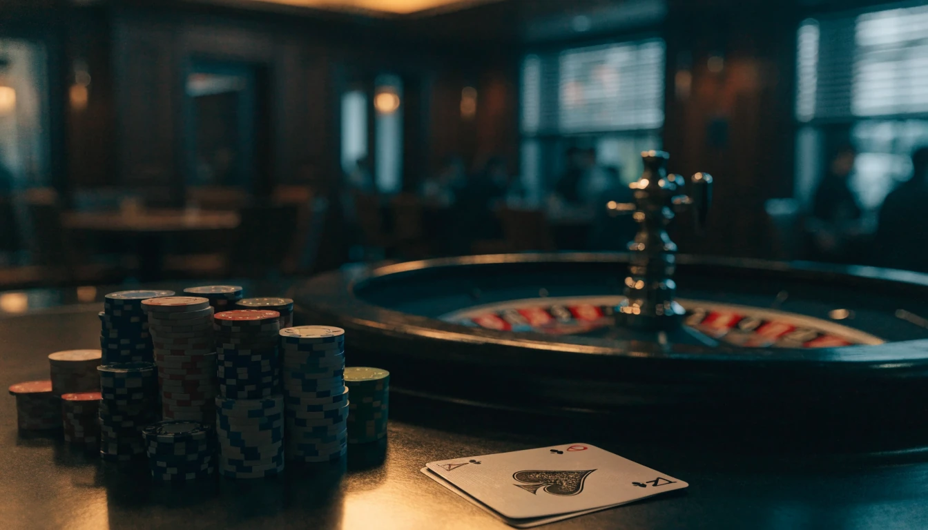 Stilren casinomiljö med jetonger, ess och roulette i varm belysning