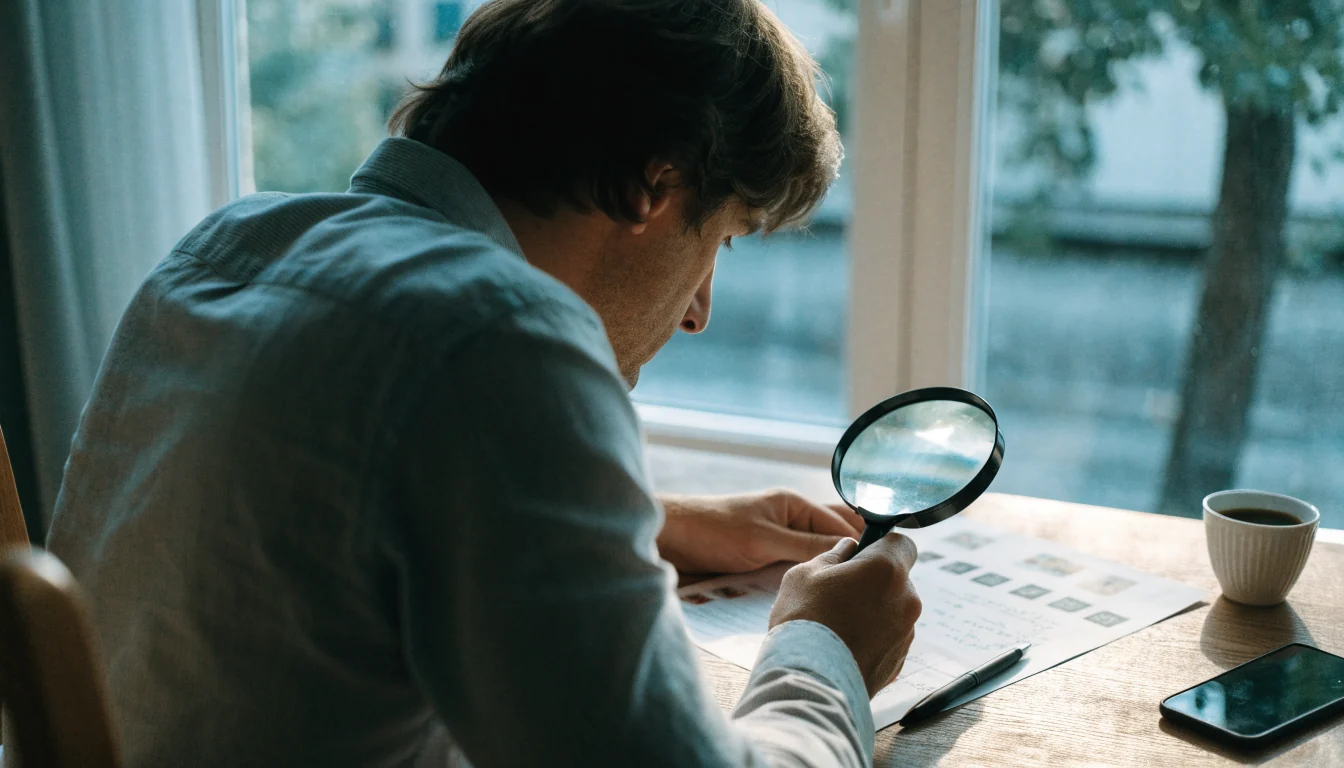Person som granskar en casinorecension med förstoringsglas vid skrivbord