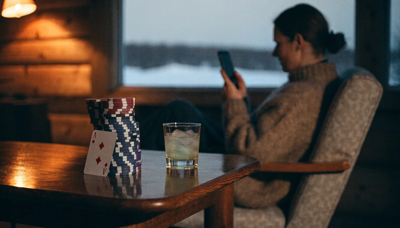 Mysigt svenskt stugbord med casinofärg, drink och stämning