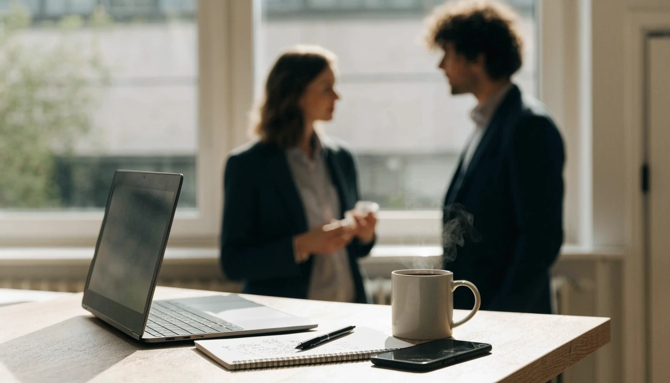 Redaktionens arbetsplats med laptop, kaffekopp och en mobiltelefon vid ett skrivbord