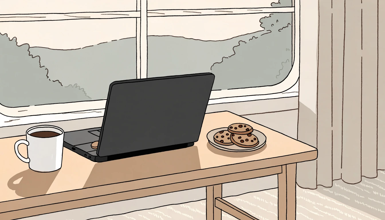 Skrivbord med bärbar dator och en tallrik med chokladkakor i skandinavisk stil