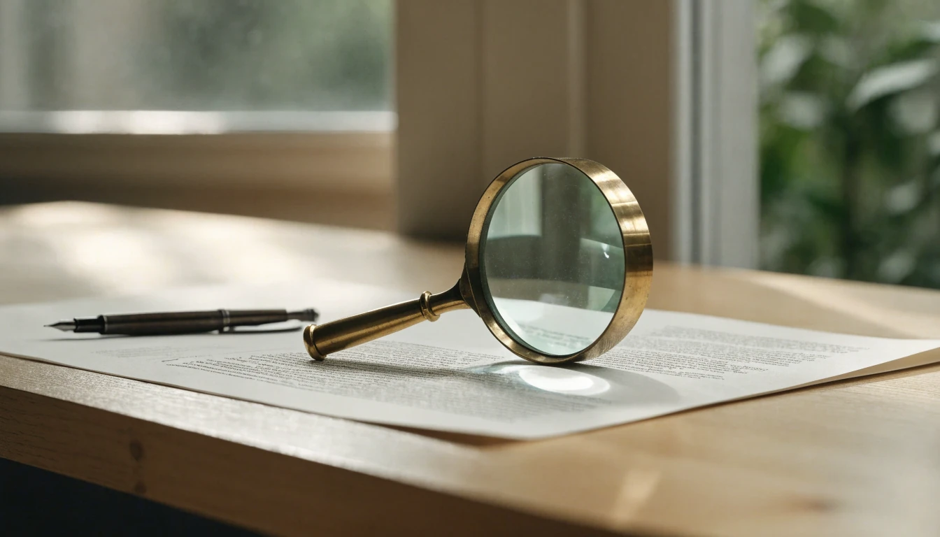 Förstoringsglas som granskar dokument på ett minimalistiskt skrivbord, symboliserar ansvarsfriskrivning