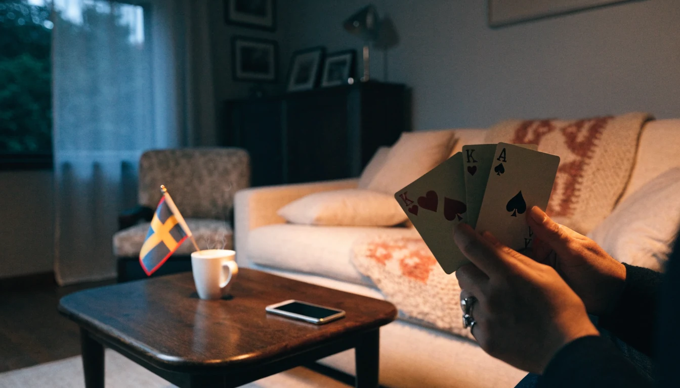 Händer som håller blackjack-kort i svensk vardagsrum