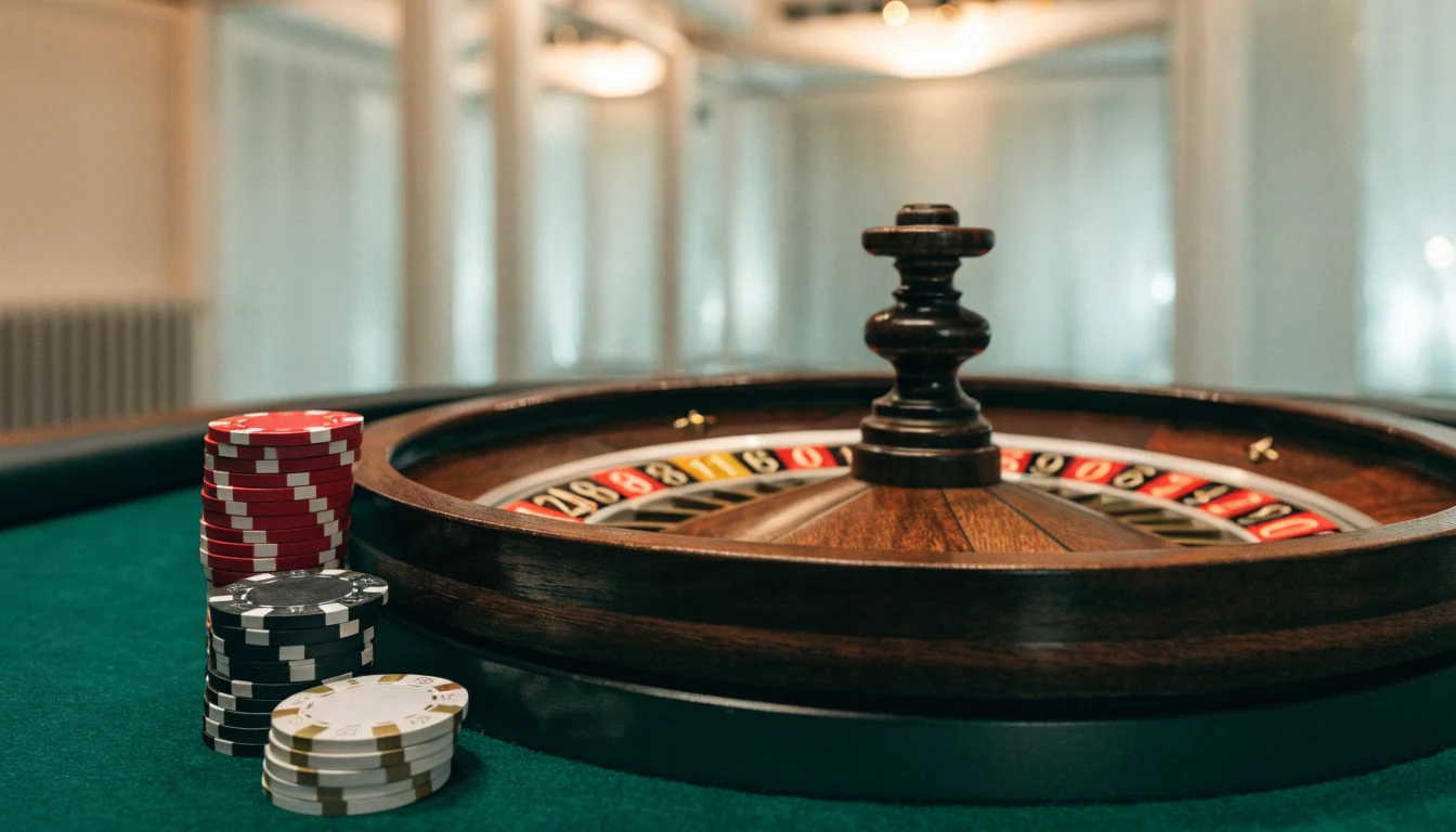 Elegant roulettehjul med casinofigurer på grönt filtbord i skandinavisk casinomiljö