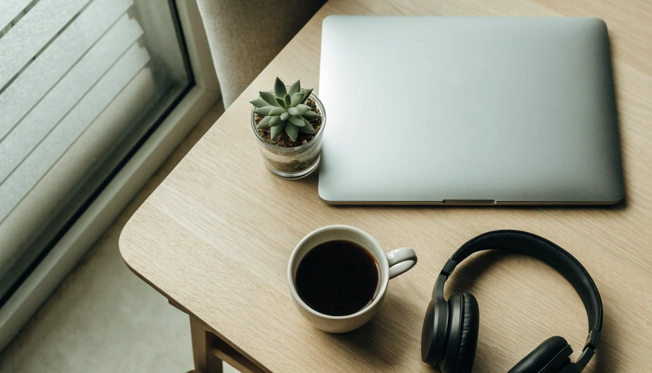 Skandinavisk hemarbetsplats med hörlurar, kaffekopp och laptop utan synlig skärm