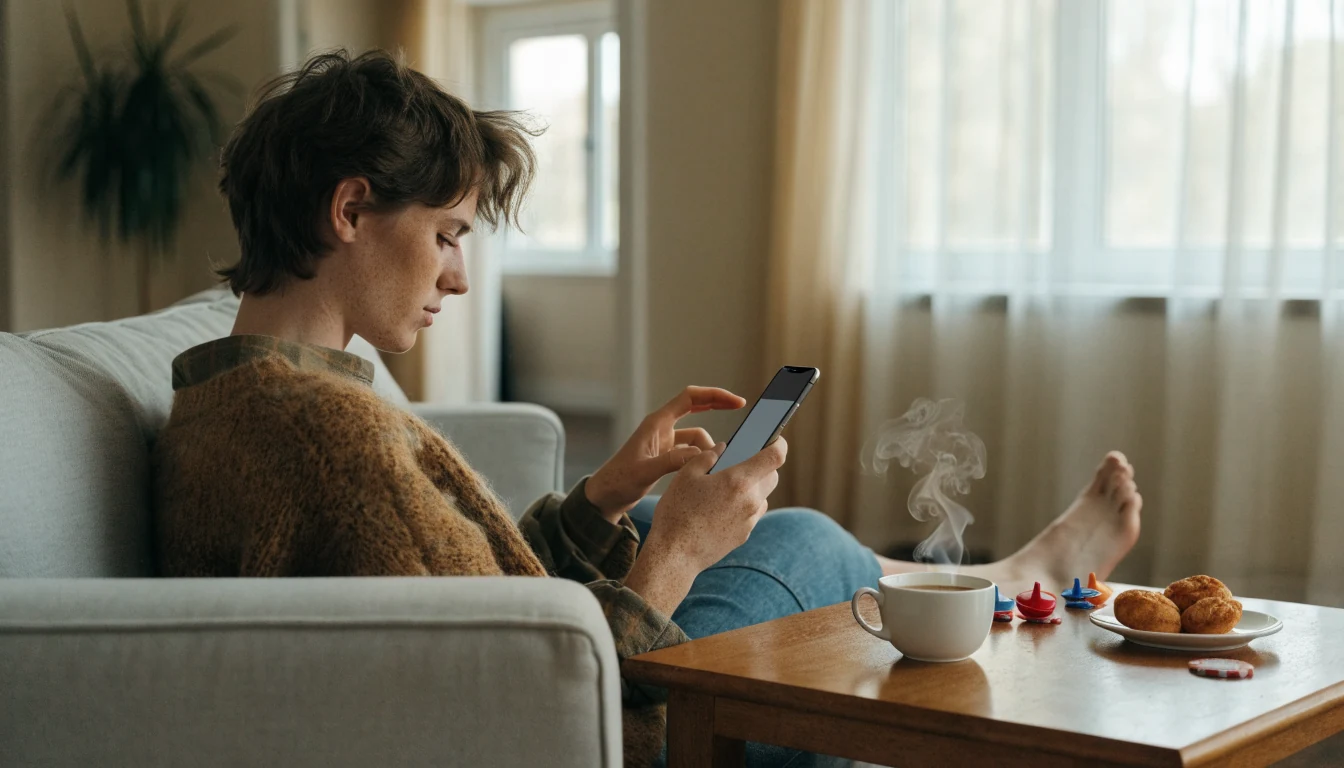 Svensk person hemma i vardagsrum med telefon och kanelbulle
