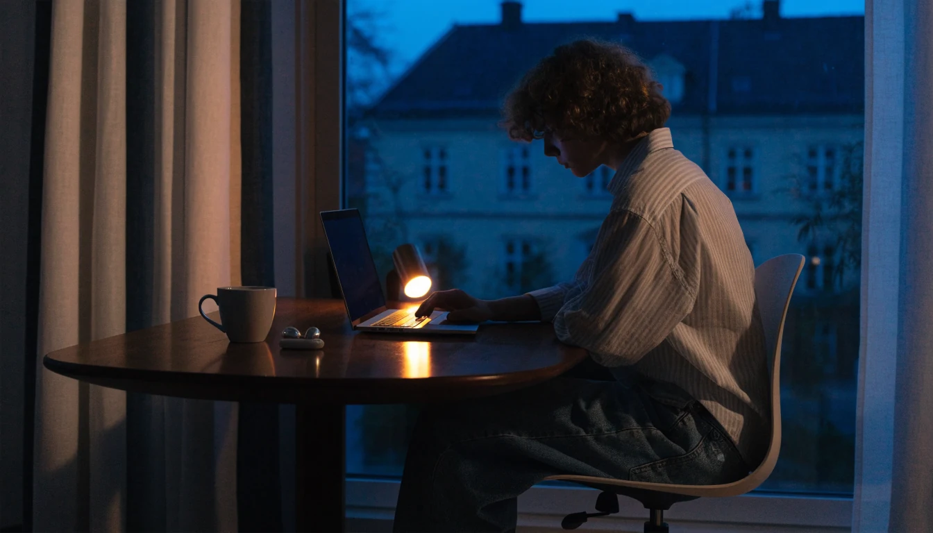 Person vid laptop hemma, skärmen vänd bort, svensk kvällsbelysning