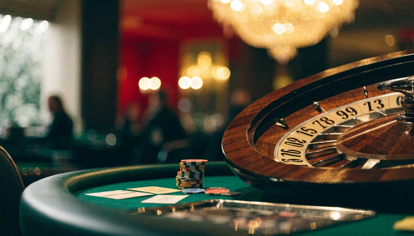 Elegant casinobord med roulettehjul och marker i stämningsfull belysning