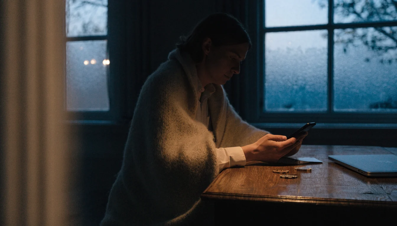 Person vid bordet med telefon och casinotillbehör i svensk lägenhet