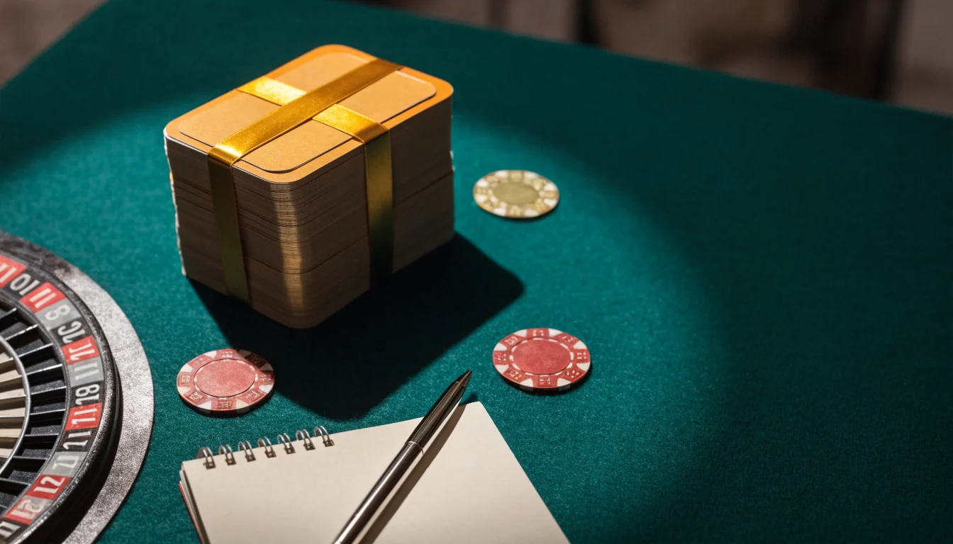 Elegant casino-tema komposition med marker, kampanjkuponger och roulettehjul på grön filtduk