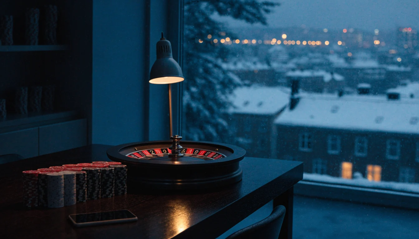 Casinochips och roulettehjul på ett bord i en modern svensk lägenhet