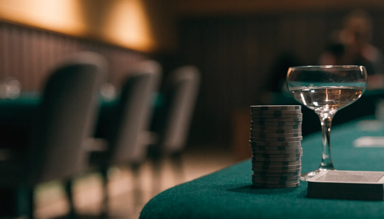 Casinobord med marker och kortbunk på grön filt