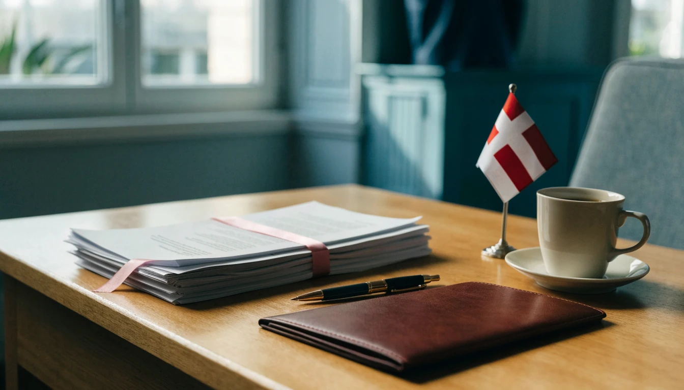 Svensk skrivbord med dokument, penna och portfölj som symboliserar juridisk information