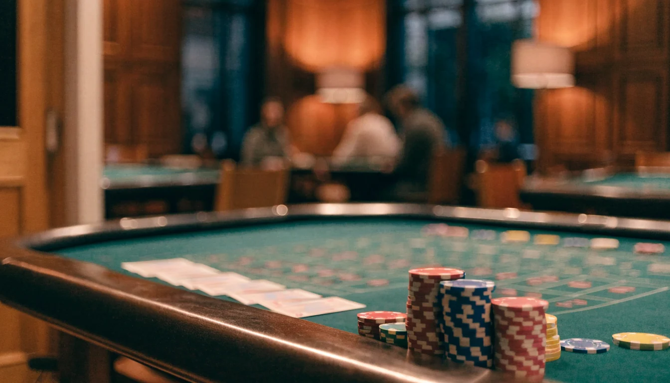 Elegant blackjackbord med marker och kort i en livecasinostudio med skandinavisk inredning