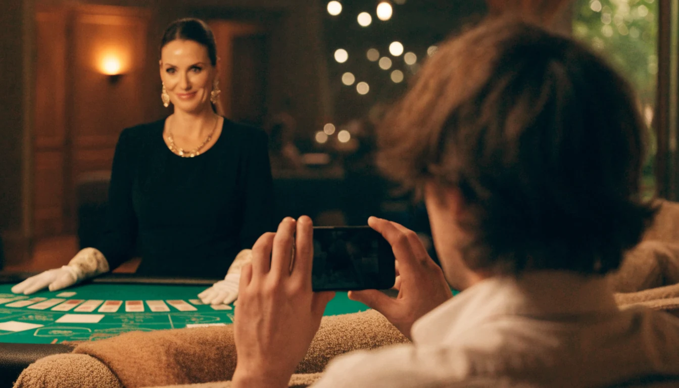 Live dealer vid blackjackbord i studio, spelare i svenskt vardagsrum med mobilen
