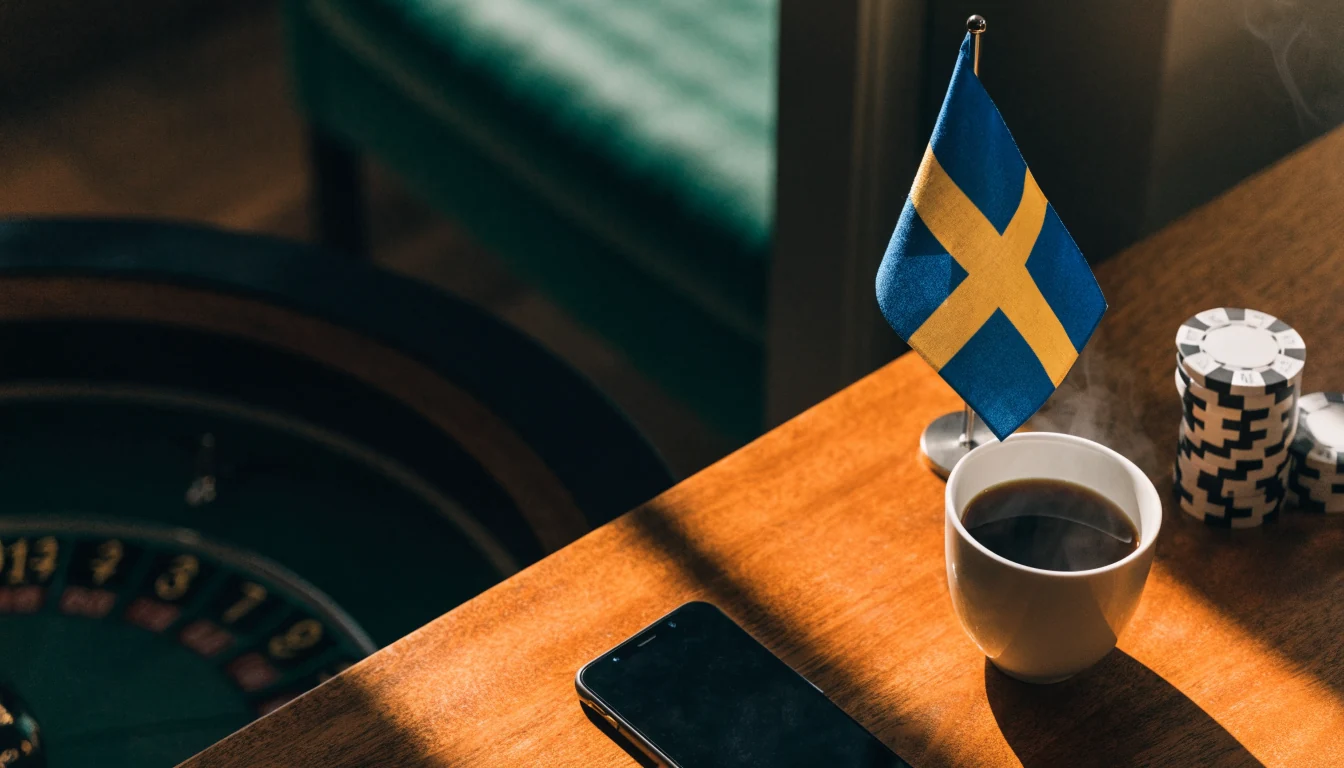 Smartphone på träbord med svensk flagga och casinotillbehör