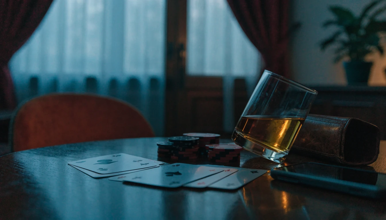 Kortlek, casinofärger och whisky på ett mahognybord i svensk hemmiljö