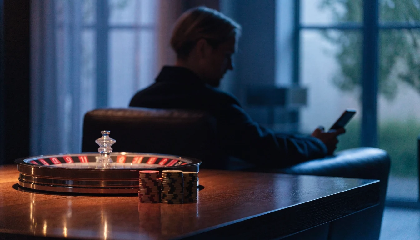 Elegant svenskt casinolounge med roulettehjul och casinomarker i varm belysning