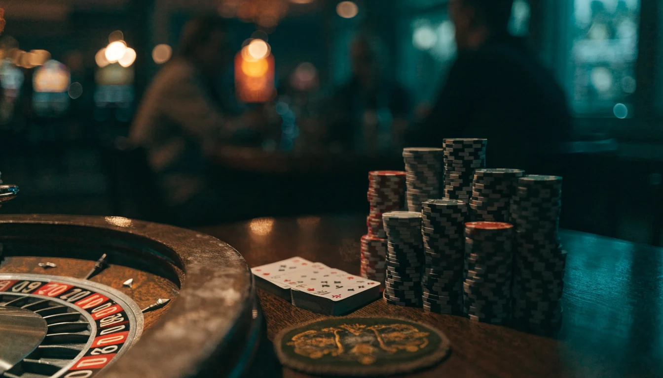 Casinomiljö med marker, kort och roulette i svensk stil