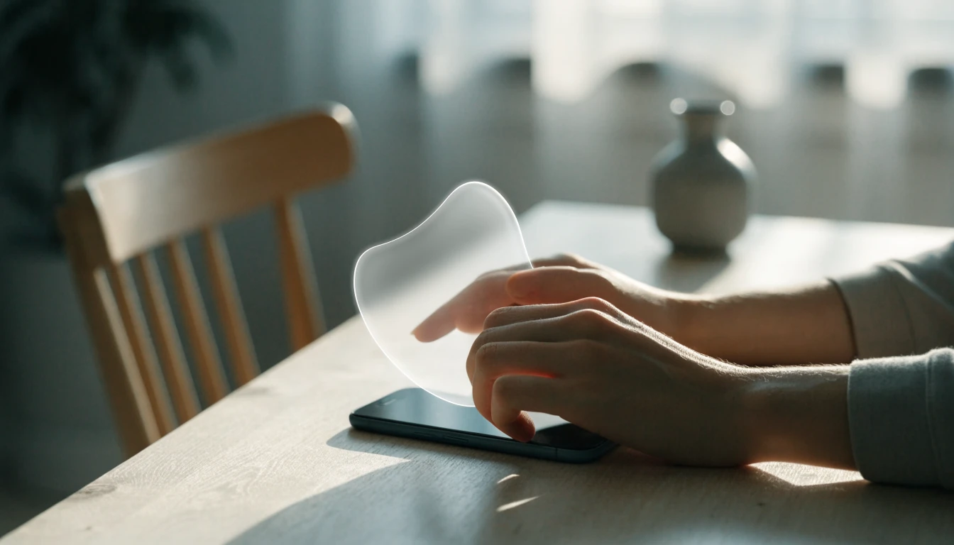 Händer som håller ett genomskinligt skydd över en mobiltelefon, symbol för digital integritet.