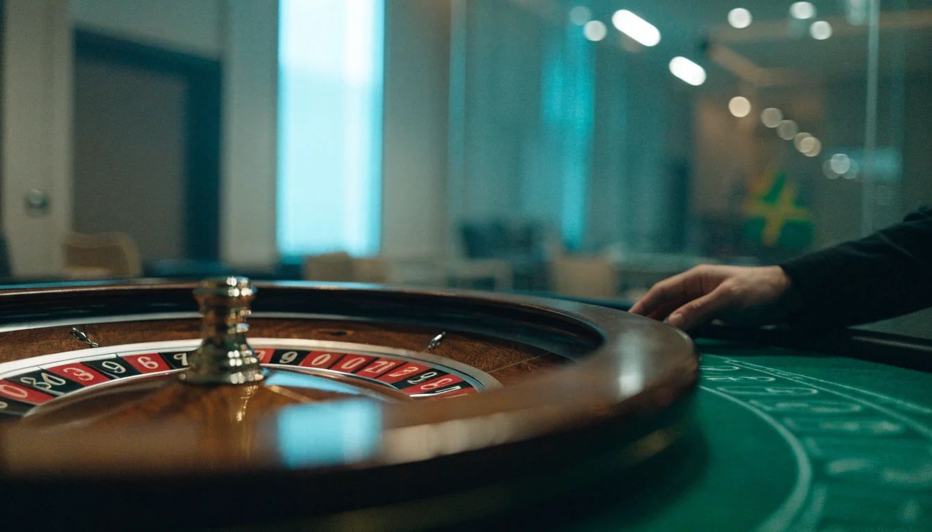 Elegant roulettehjul på grönt bord i modern svensk casinomiljö