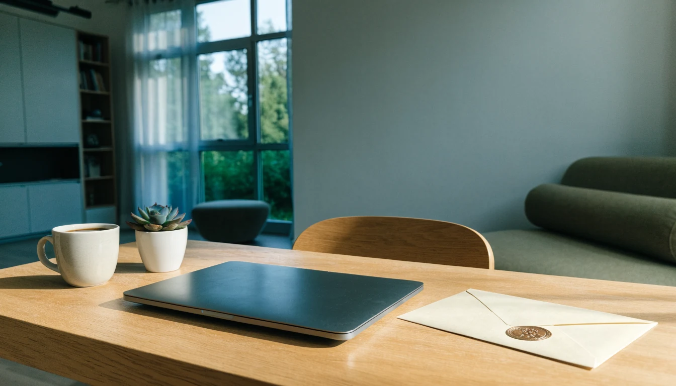 Stängt laptopbord i ljust svenskt vardagsrum med officiellt sigill