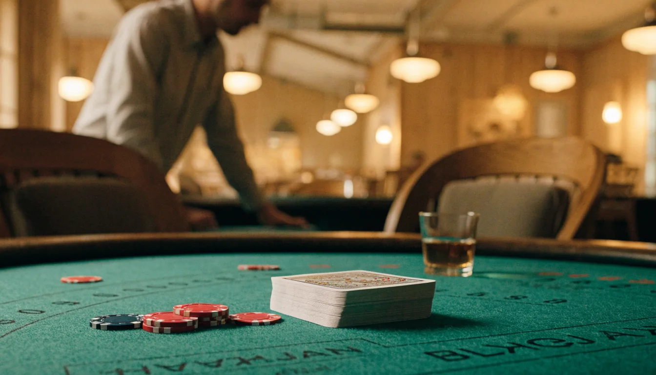 Blackjack-bord med kort och marker i en svensk casinobaserad loungemiljö